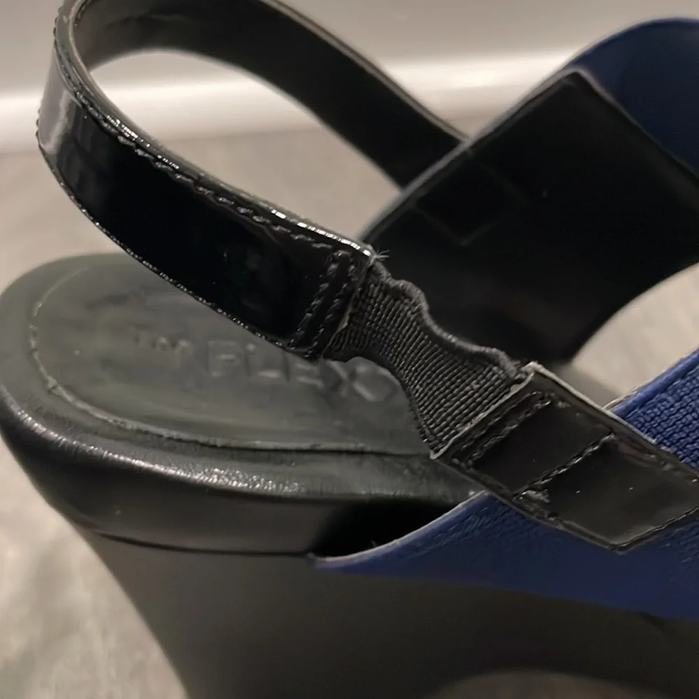 The Flexx blue & black give a lot wedge sandals size 9